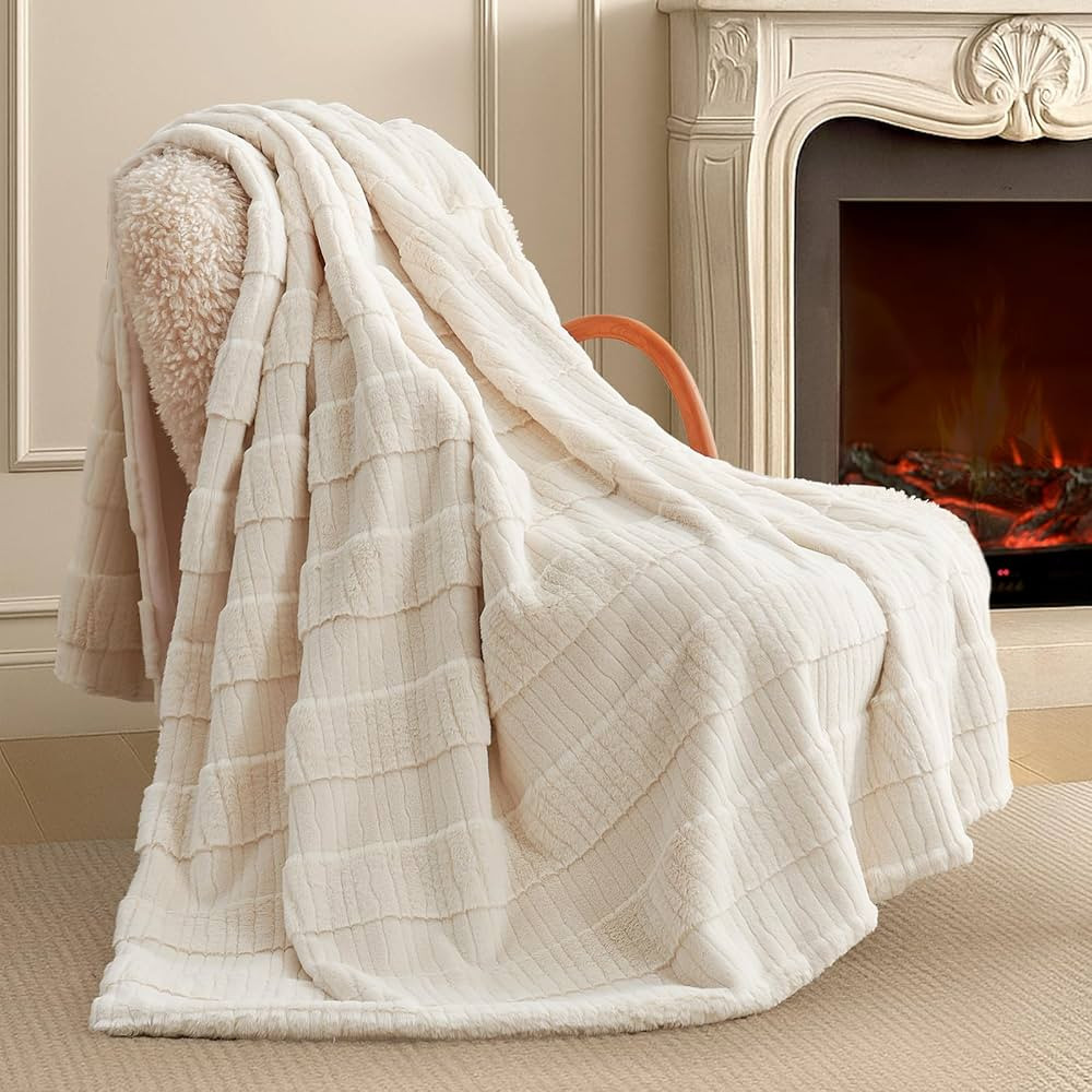 Amelie Home Luxury Striped Faux Fur Throw Blanket for Couch, Soft Cozy Fuzzy Fluffy Soft Plush Bl... | Amazon (US)