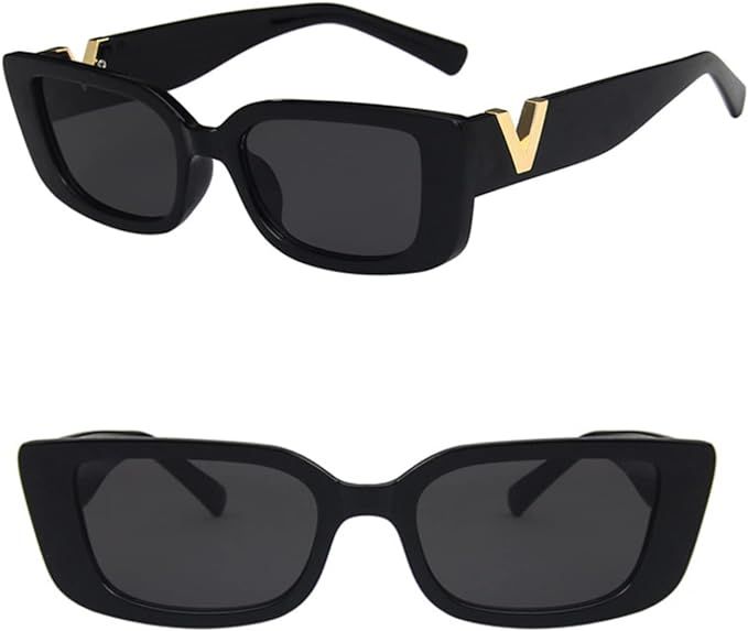 Black Sunglasses for Women - Rectangle Shape with Trendy Gold V Accent - Trendy y2k UV Protection... | Amazon (US)