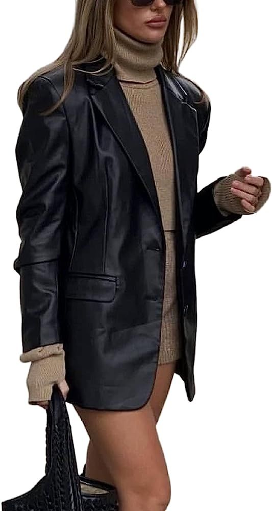 Womens Faux Leather Jacket Shacket Long Sleeve Oversized Blazer Button Down Pocket Solid Coat | Amazon (US)