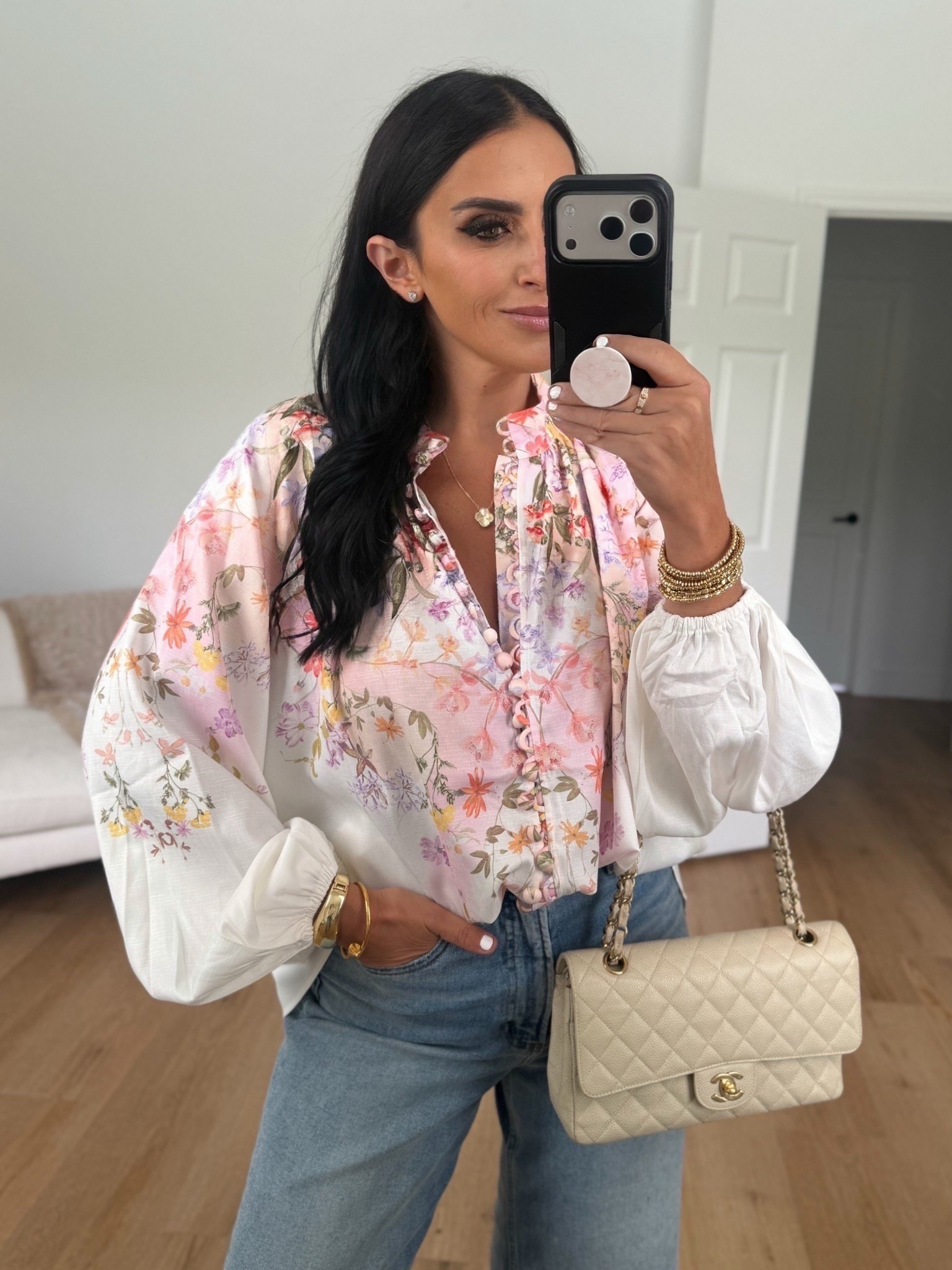 Petal & Pup Tiarna Floral Print Shirt wearing size small. Pistola Jeans


