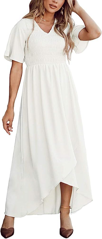 Zattcas Women Short Sleeve Summer V Neck High Low Smocked Maxi Dress | Amazon (US)