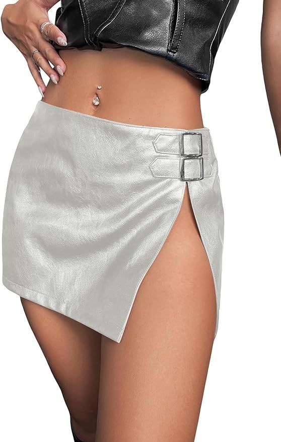 WDIRARA Women's PU Leather High Waisted Slit Zip Fly Sexy Party Club Mini Skirt | Amazon (US)