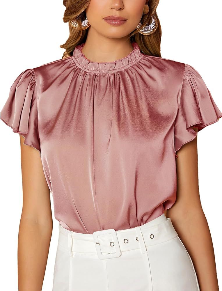 Maysoar Satin Tops for Women Frill Mock Neck Silk Blouse Casual Butterfly Sleeve Shirt | Amazon (US)