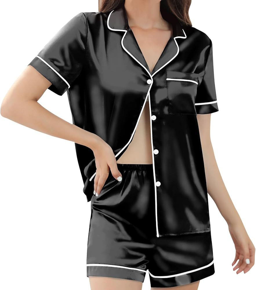 Silk Pajamas for Women Satin Womens PJ Set 2 Piece Short Lounge Set Summer Sleepwear Notch Collar... | Amazon (US)