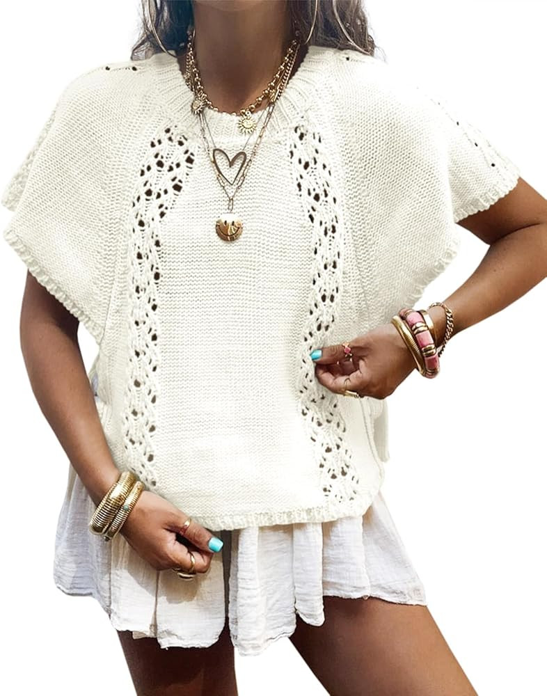 Saodimallsu Womens Summer Short Sleeve Sweater Side Tie Cropped Casual Crewneck Crochet Loose Kni... | Amazon (US)
