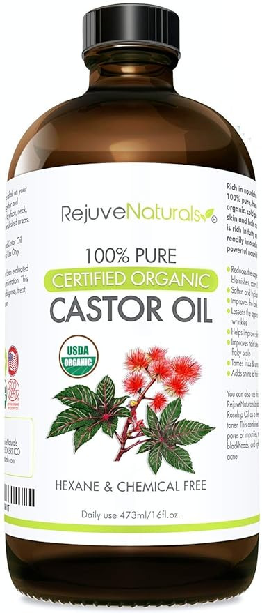 RejuveNaturals Castor Oil (16oz Glass Bottle) USDA Certified Organic, 100% Pure, Cold Pressed, He... | Amazon (US)
