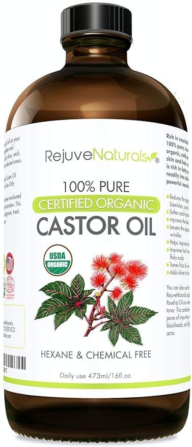 RejuveNaturals Castor Oil (16oz Glass Bottle) USDA Certified Organic, 100% Pure, Cold Pressed, He... | Amazon (US)