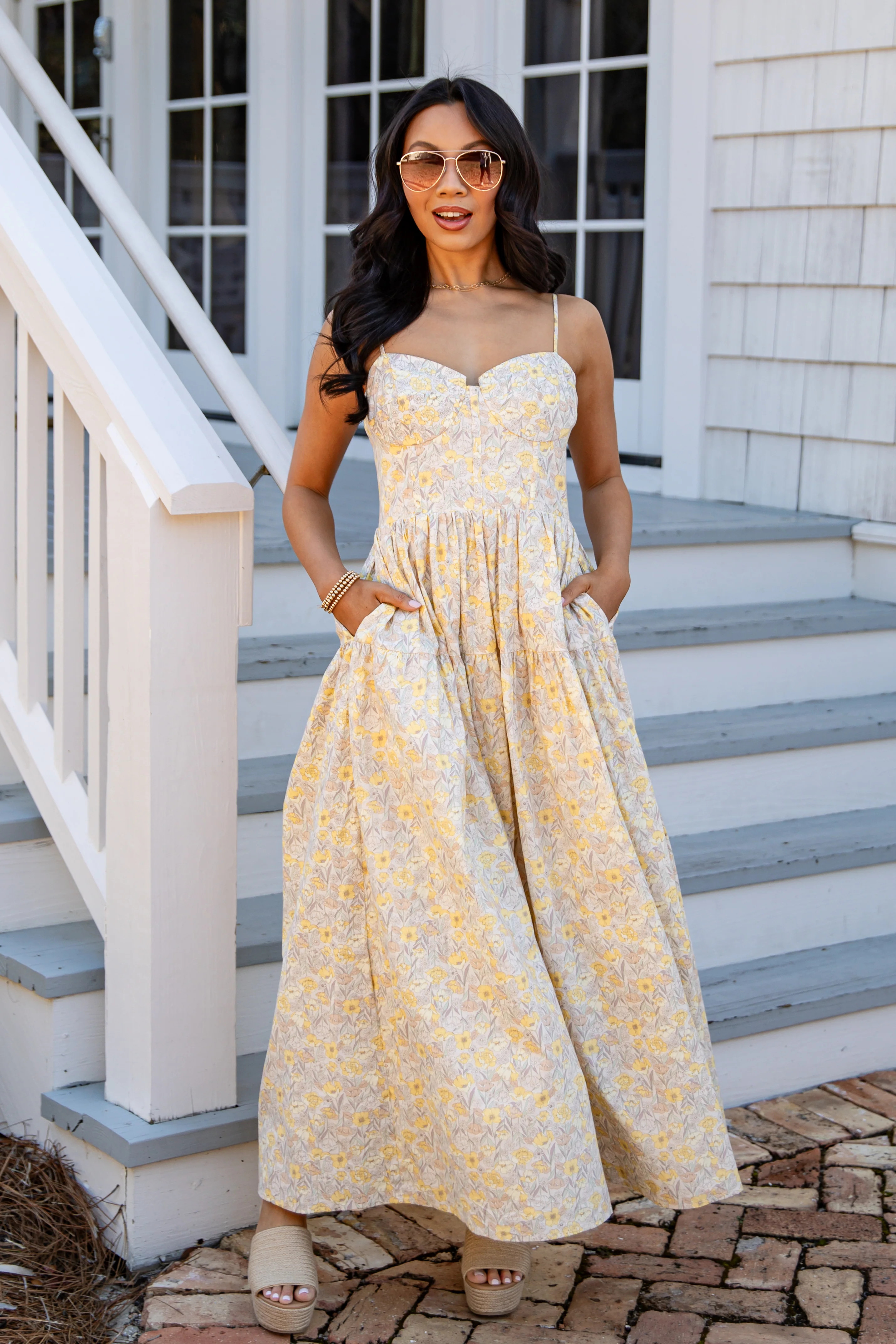 Sunlit Meadow Cream Floral Midi Dress | Trendy Women's Dress | DressUp | Dress Up