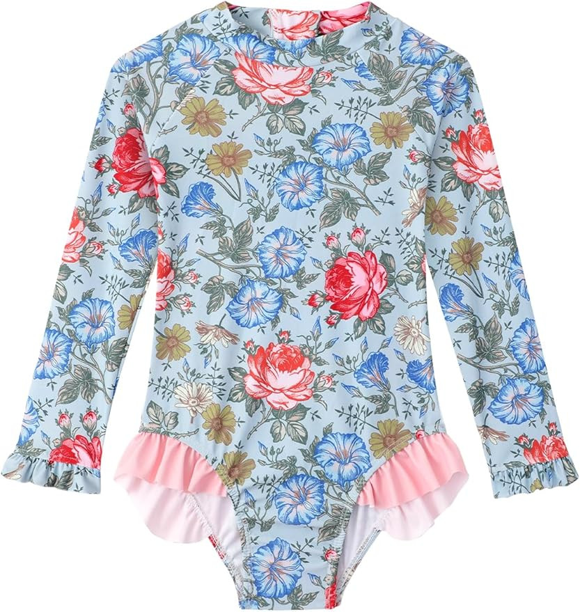 Baby Toddler Girl Long Sleeve Ruffle Swimsuit One Piece Zipper Rash Guard Bathing Suit with UPF 5... | Amazon (US)