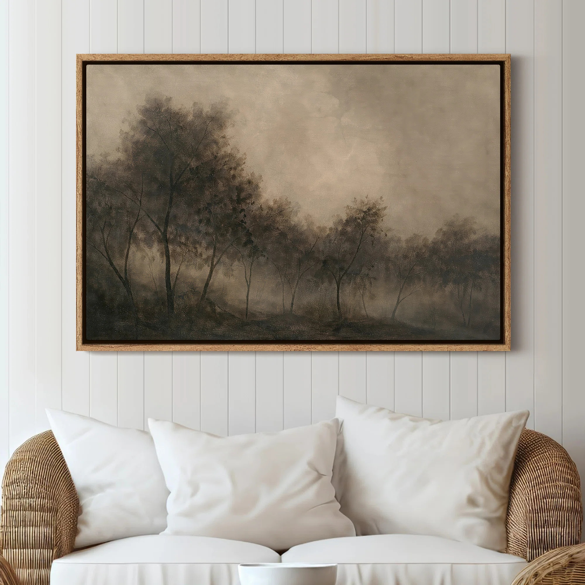 Framed Canvas Wall Art - Moody Foggy Forest Landscape with Soft Neutral Atmosphere - 16"x24", 24"x36 | Wayfair North America