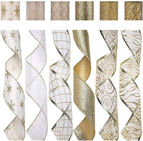 SANNO Christmas Wired Ribbon, White Gold Wired Ribbon Holiday Party Wreath Ribbons Assorted Organ... | Amazon (US)