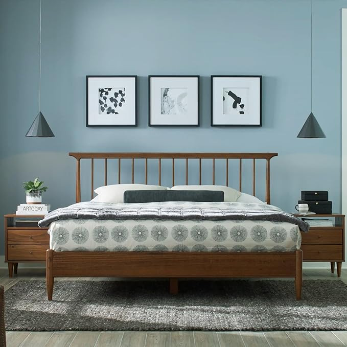Mid Century Solid Wood King Size Spindle Bed with a Brushed Walnut Finish | Amazon (US)