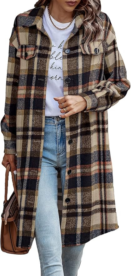 PRETTYGARDEN Womens Plaid Shacket Jacket Fall Fashion 2025 Long Sleeve Button Up Flannel Shirt Wi... | Amazon (US)