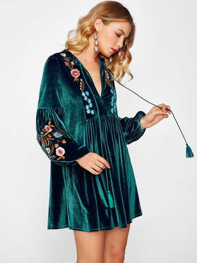 SHEIN Tasseled Tie Bishop Sleeve Embroidery Velvet Dress | SHEIN