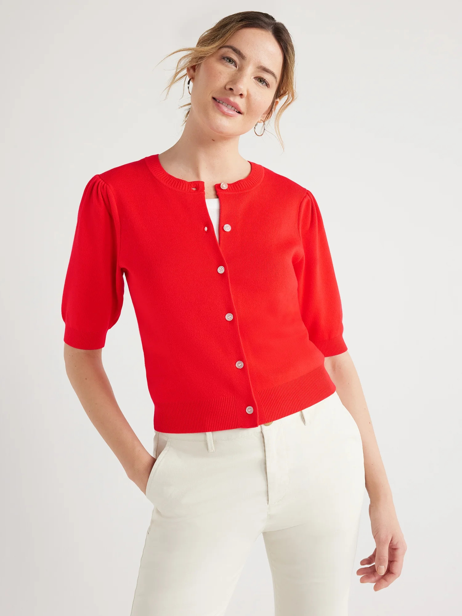 Free Assembly Women's Cardigan Sweater with Short Puff Sleeves, Midweight, Sizes XS-XXL | Walmart (US)