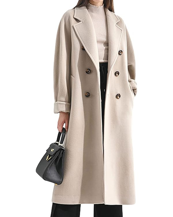 Himosyber Women Wool Blend Pea Coat Camel Notched Collar Double Breasted Outerwear Jacket | Amazon (US)