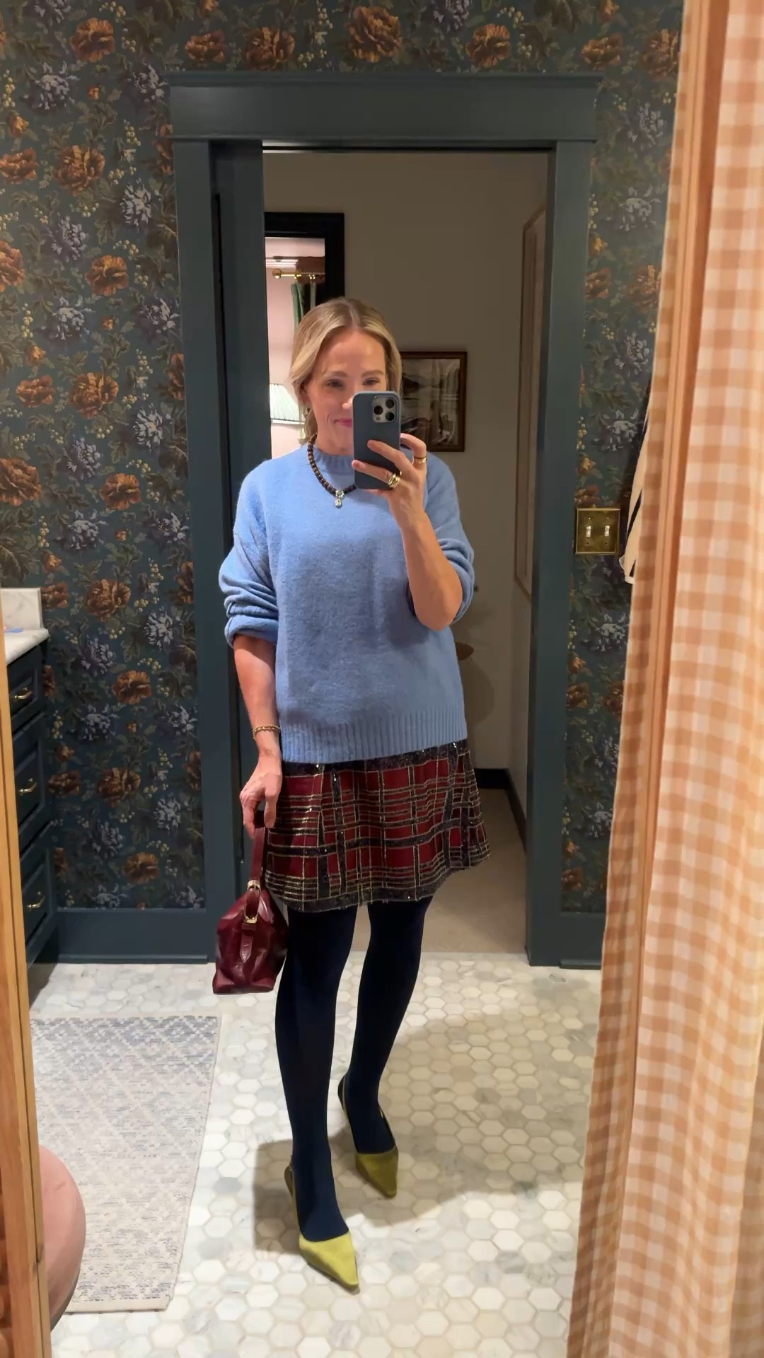 Festive madewell sweater over easy fitting Tuckernuck sparkle dress for work party night out, j.crew burgundy bag, bauble bar necklace, favorite Amazon tights. All fit true to size
xo, Claire 

#LTKootd #LTKHoliday #LTKOver40