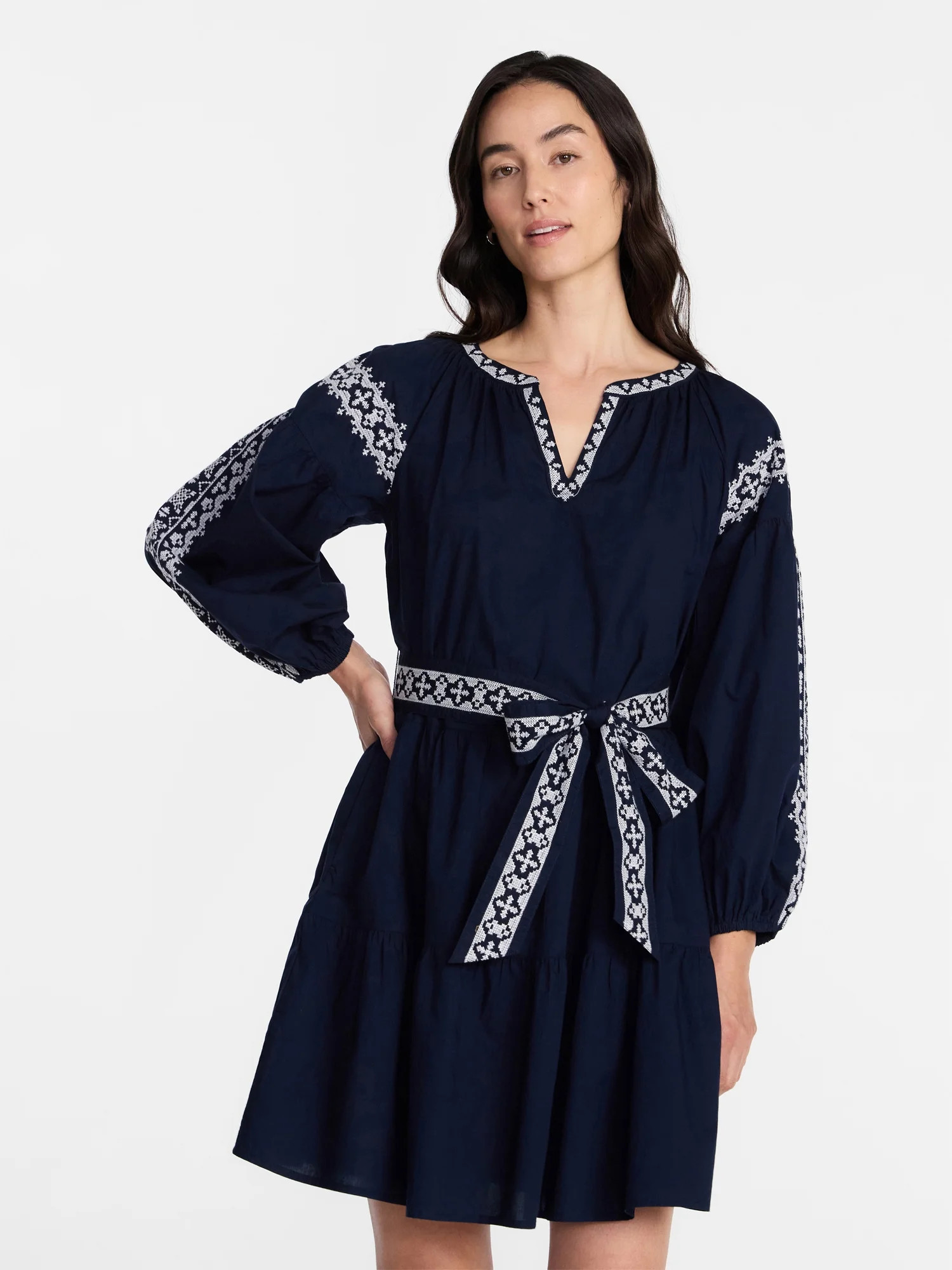 Time and Tru Women's Embroidered Cotton Mini Dress with Long Blouson Sleeves, Sizes XS-XXXL - Wal... | Walmart (US)