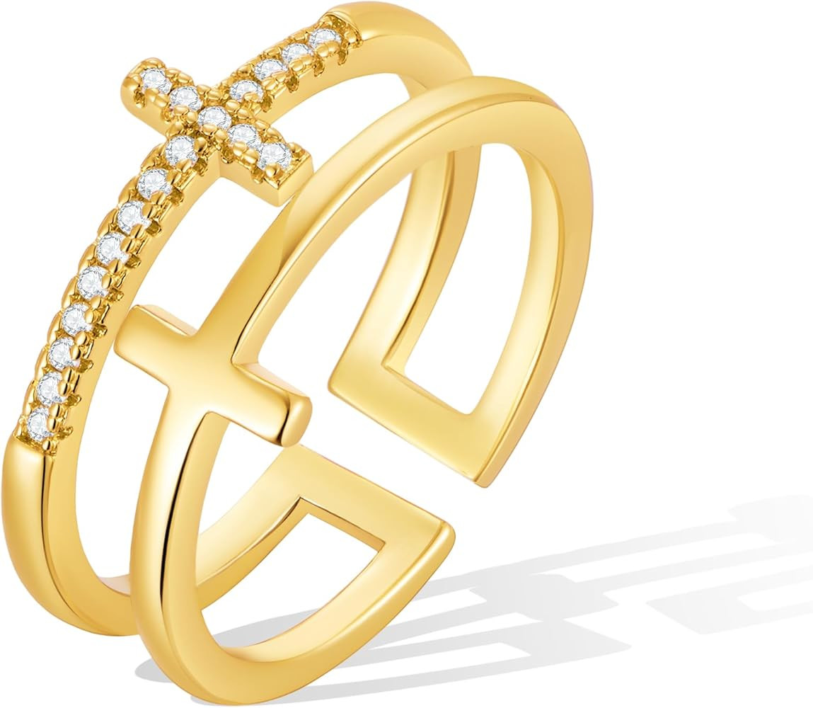 Cross Ring for Women 18 Gold Plated Hammered Texture Open Cross Ring Infinity Religious Wedding B... | Amazon (US)