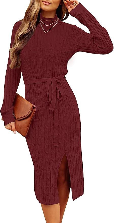 MEROKEETY Women's 2023 Long Sleeve Cable Knit Sweater Dress Mock Neck Slit Midi Bodycon Dresses w... | Amazon (US)
