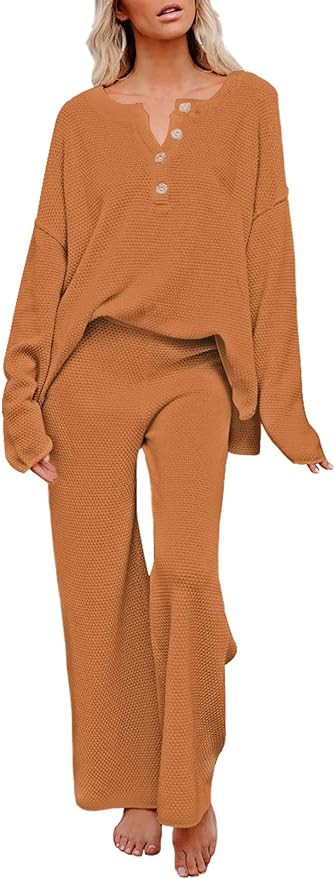 Pink Queen Women's 2 Piece Outfit Set Long Sleeve Button Pullover Sweater Top and Wide Leg Pants ... | Amazon (US)
