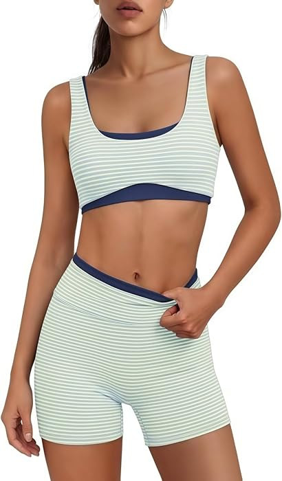 Double Layer Striped Workout Set Two Piece Matching Womens Short Cute Sets | Amazon (US)