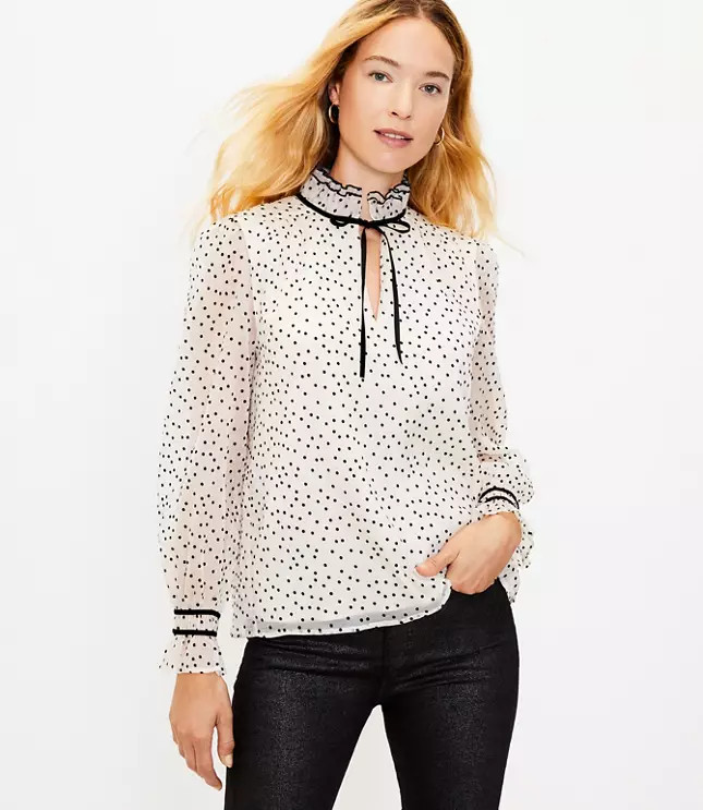 Velvet Dot Tie Neck Blouse | LOFT