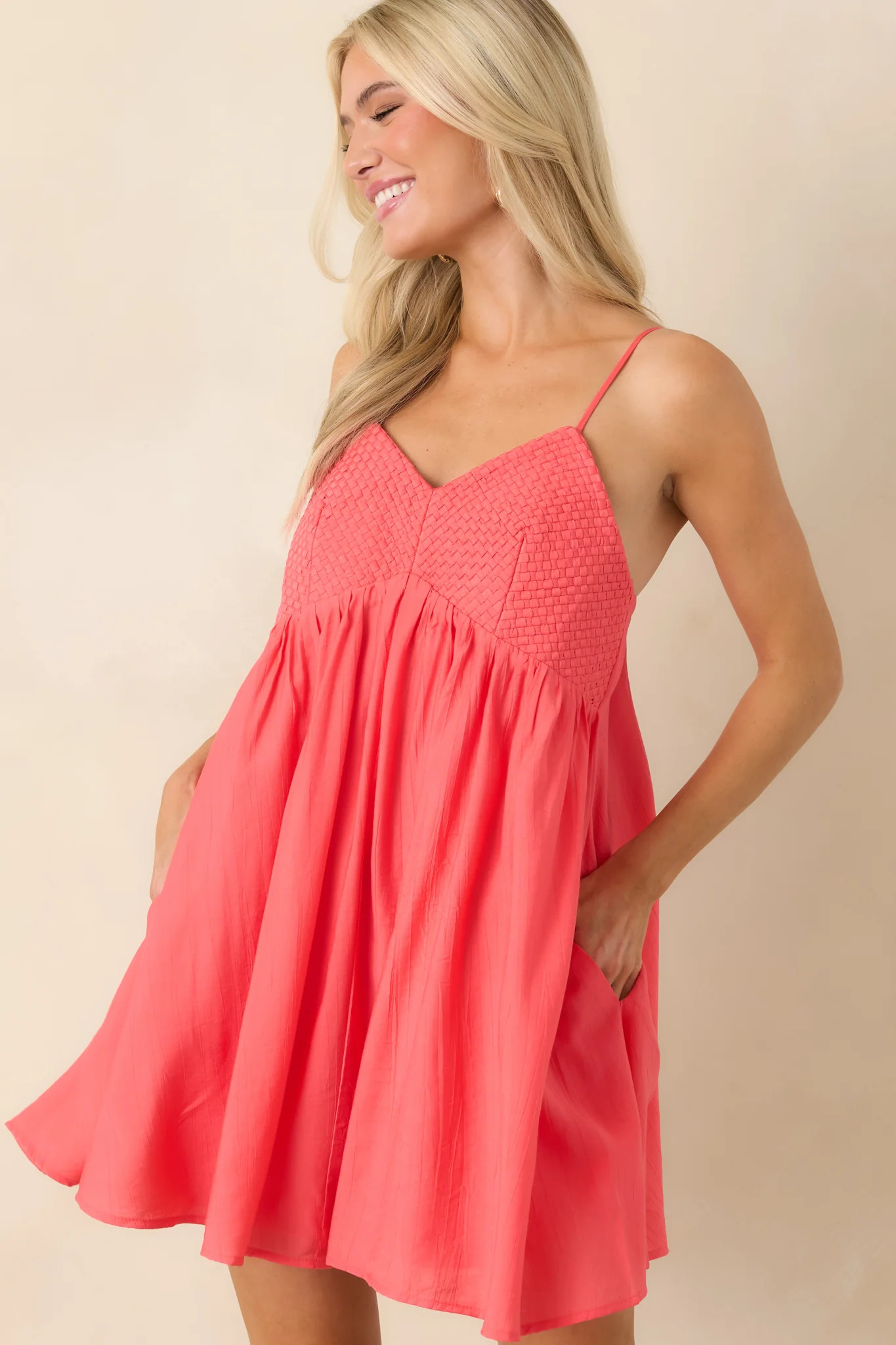 Talk Flirty to Me Coral Pink Woven Mini Dress | Red Dress