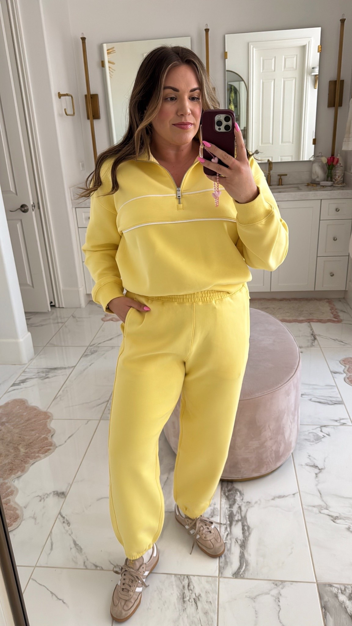 curvy midsize butter yellow spring athleisure outfit! wearing size large in pullover and pants 

#LTKMidsize #LTKSeasonal #LTKFindsUnder100