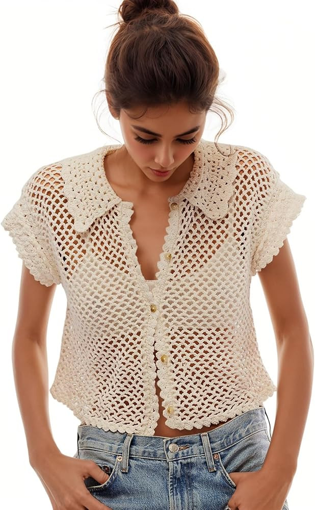 LifeShe Hollow Out Cropped Crochet Tops for Women Summer Short Sleeve Open Knit Sweaters Button D... | Amazon (US)