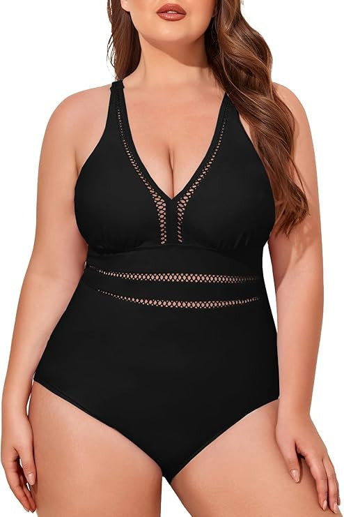 Summer Mae Plus Size V Neck One Piece Swimsuits for Women Mesh High Cut Bathing Suits Tummy Contr... | Amazon (US)