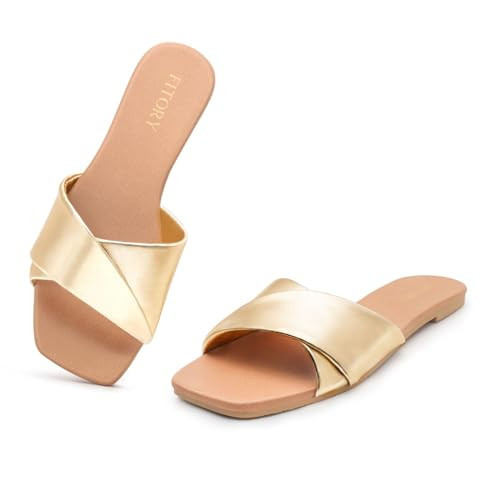 FITORY Women's Flat Sandals, Square Fashion Slides with Cross-Strap, Soft Leather Slippers for Summer Gold Size 8 | Amazon (US)