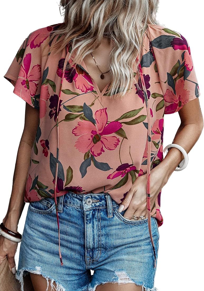 Angashion Women's Summer Tops Casual Floral Print V Neck Ruffle Short Sleeve Loose Tunic T Shirt ... | Amazon (US)