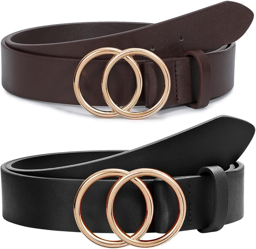 SANSTHS 2 Pack Women Leather Belts Faux Leather Jeans Belt with Double O Ring Buckle | Amazon (US)