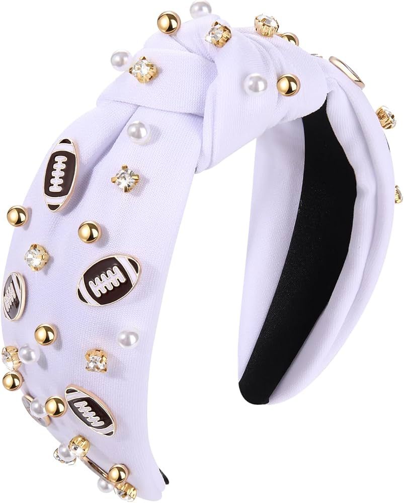 Football Headband Pearl Rhinestone Jeweled Knotted Headband Fun Sports White Hot Pink Black Blue ... | Amazon (US)