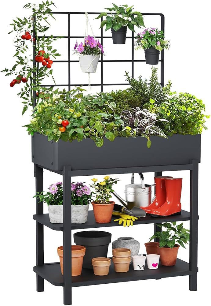Elevated Planter Box with Trellis Raised Garden Bed with Legs Outdoor Standing Flower Beds for Pa... | Amazon (US)