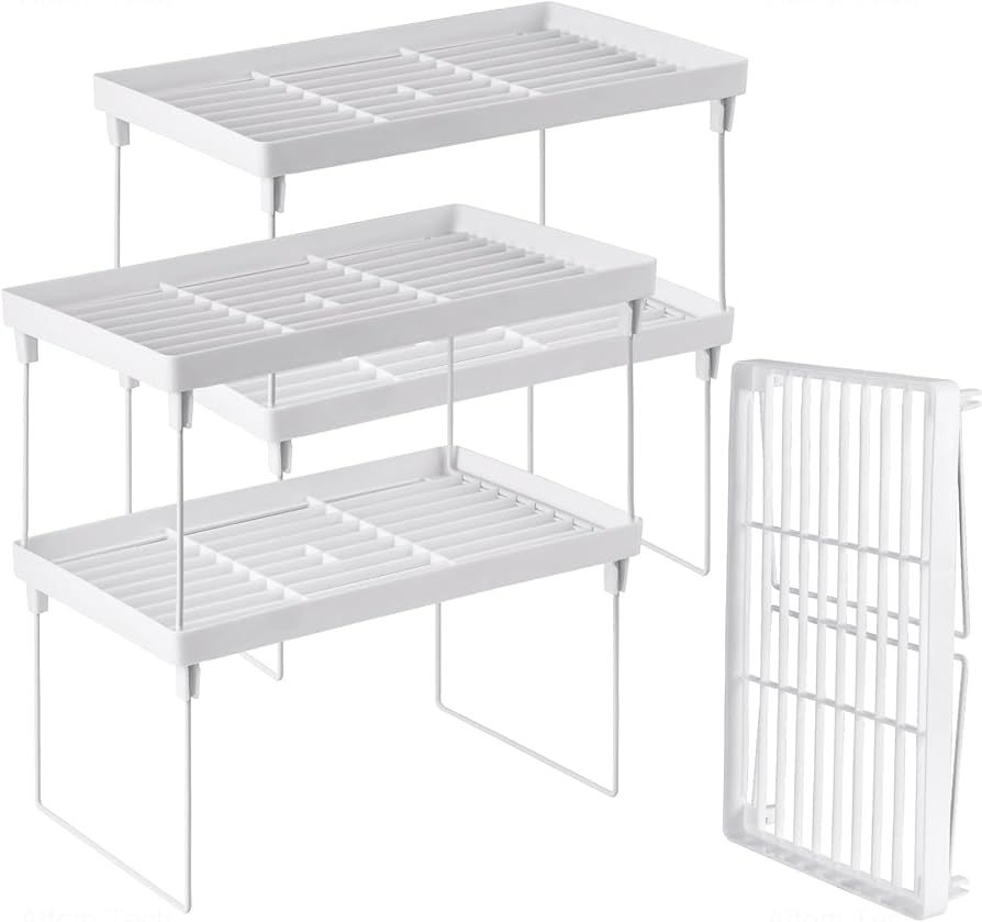 NiHome 4-Pack Stackable Plastic Kitchen Storage Shelf Foldable Rack - White Kitchen Cabinet Organ... | Amazon (US)