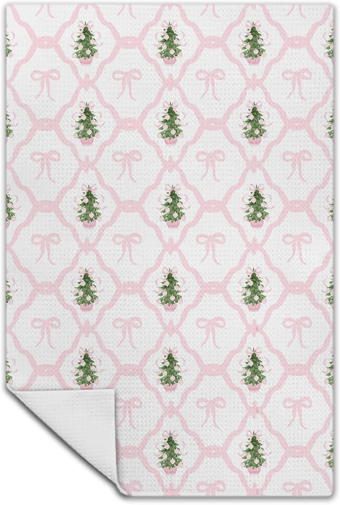 Coquette Pink Christmas Kitchen Towels, Girly Pink Ribbon Christmas Dish Tea Towels for Kitchen D... | Amazon (US)
