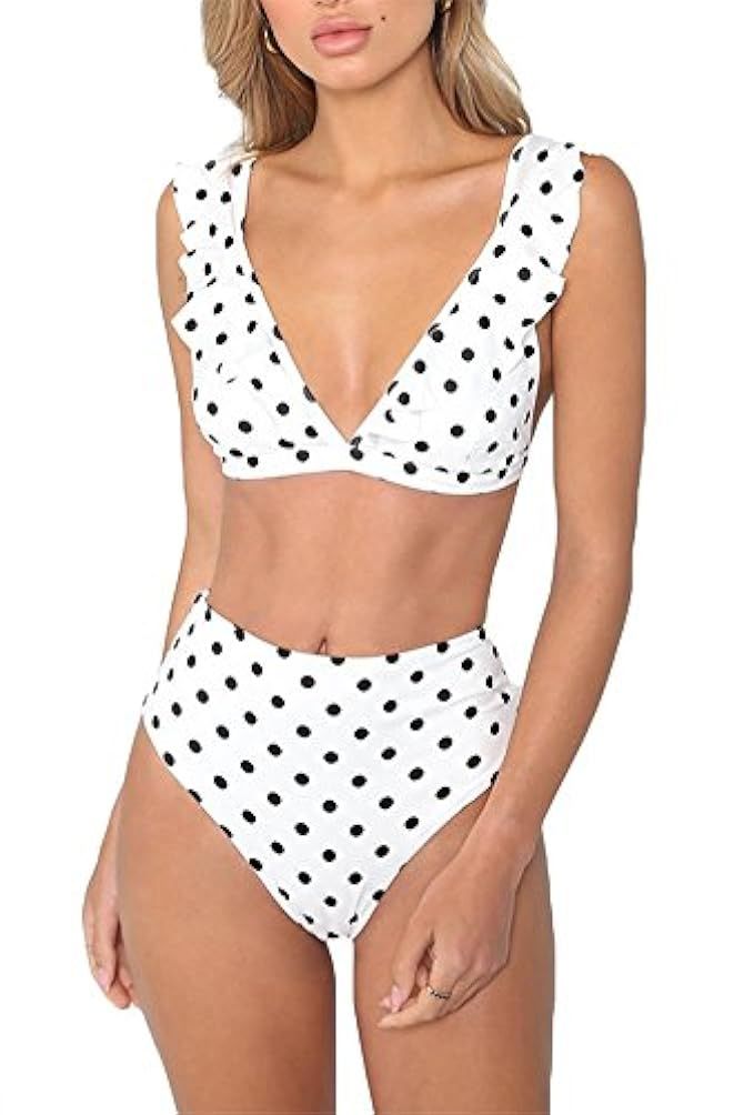 Upopby Women's Retro Polka Dot Ruffled Two Pieces Swimsuits High Waisted Bikini Sets Swimwear | Amazon (US)