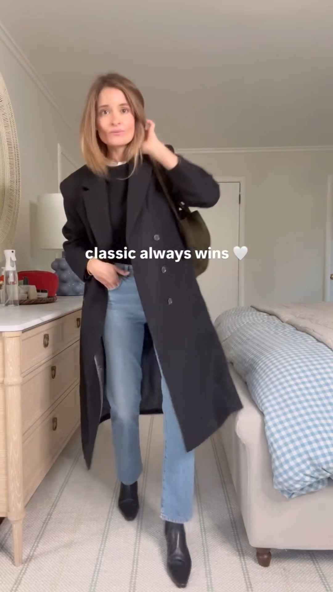 Such a classic winter uniform, I had to share again in case you missed it!

Always into a black crewneck and jeans 🤍

✨ Quince cashmere crewneck I love so much that I own it in three colors. I’ve yet to find such great cashmere at such a great price! Not even close •  Madewell Longline Straight jeans I wear at least once a week. They’re a great price for premium denim! J. Crew Chiara wool top coat is such a beautiful classic you can wear to work, out to a show or to dinner. Super warm, great length and very simply elegant. • and can we talk about the shoes & bag? Staud Wally Chelsea Boots feature beautiful leather and a pointed toe detail that I love so much. Elevates the outfit immediately • Madewell Suede Soft Grain Shopper bag is effortlessly stylish and endlessly practical  
 
These classic but effortlessly cool pieces feel so, so special but hold up to your everyday lifestyle. I know I’ll look forward to reaching for them for years & years to come 🫶🏻🤍 

❤️ Follow if you’re looking for easy everyday outfit inspiration! 

Sizing notes: Wearing a size small in the sweater & tee. Jeans: run a touch small. Wearing my true size, but if you are between i suggest taking 1 size up. 

 #outfitinspo #outfitoftheday #outfitideas #everydaystyle #ootd #fallstyle #falloutfitinspo #effortlessstyle #momstyle #classicstyle #closetstaples #styleblogger #realoutfitgram #fallfashion #outfitinspo #wardrobestaples #ootd  #realoutfitgram

#LTKSeasonal #LTKootd #LTKWorkwear