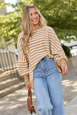 Kara Tan Stripe Waffle Pullover DOORBUSTER | Pink Lily