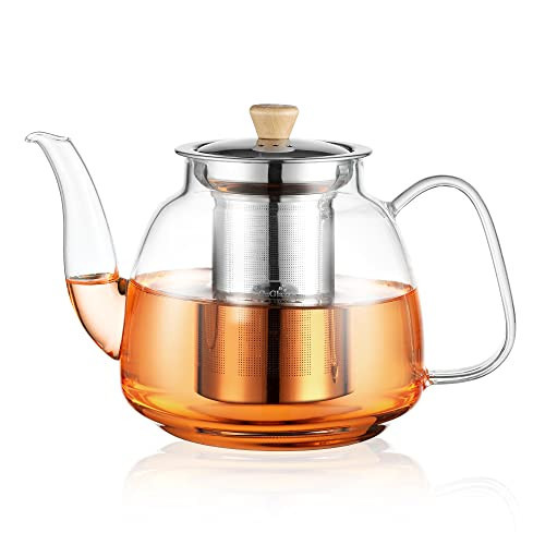 CNGLASS Glass Teapot with Infuser(37.5oz),Clear Glass Tea Kettle with Removable Stainless Steel Strainer,Stovetop Safe Glass Teapot for Blooming and Loose Leaf Tea | Amazon (US)