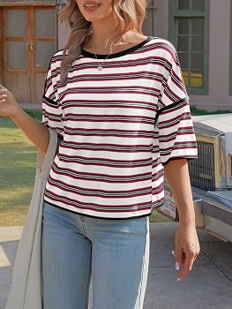 Tankaneo Womens Oversized Striped T-Shirts Summer Casual Color Block Short Sleeve Tops Drop Shoul... | Amazon (US)