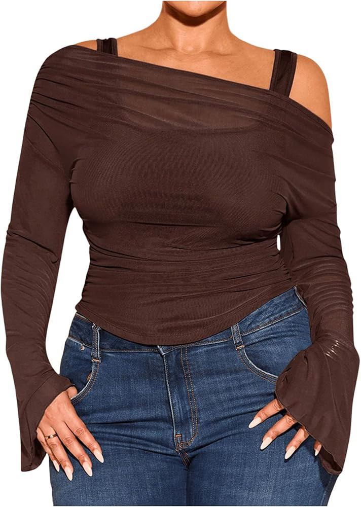 WDIRARA Women's Plus Size 2 in 1 Off Shoulder T Shirt Ruched Sheer Bell Long Sleeve Tee | Amazon (US)
