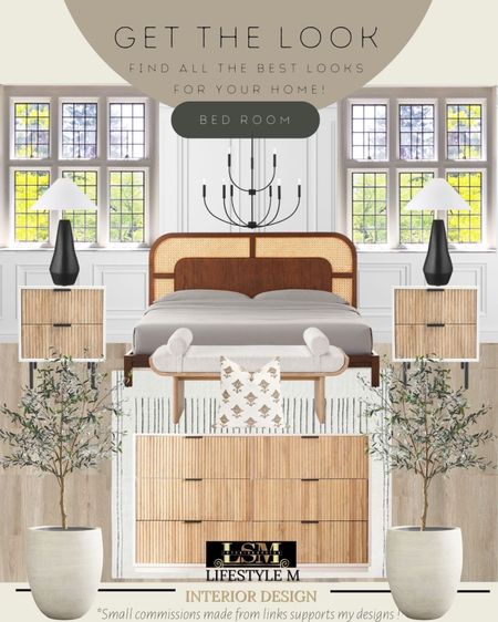 Modern Japandi inspiration. Recreate the look with these furniture and decor pieces. Wood cane bed, wood dresser, wood night stand, black dresser, wood upholstered bench, throw pillow, black table lamp, bed room chandelier, bed room rug, white tree planter pot, faux fake olive tree, wood floor tile.

#LTKhome #LTKFind #LTKstyletip