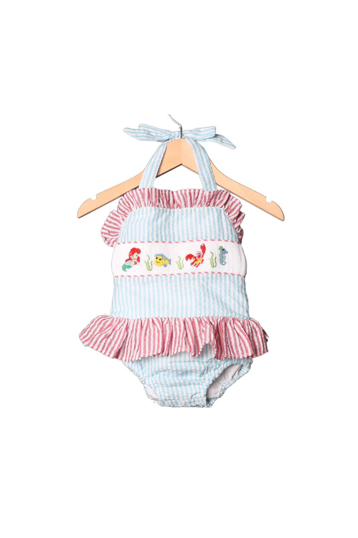 Hand Smocked Mermaid Seersucker Swimsuit | The Smocked Flamingo