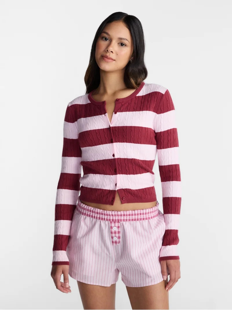 No Boundaries Cable Knit Crewneck Cardigan, Women's XXS-XXL | Walmart (US)