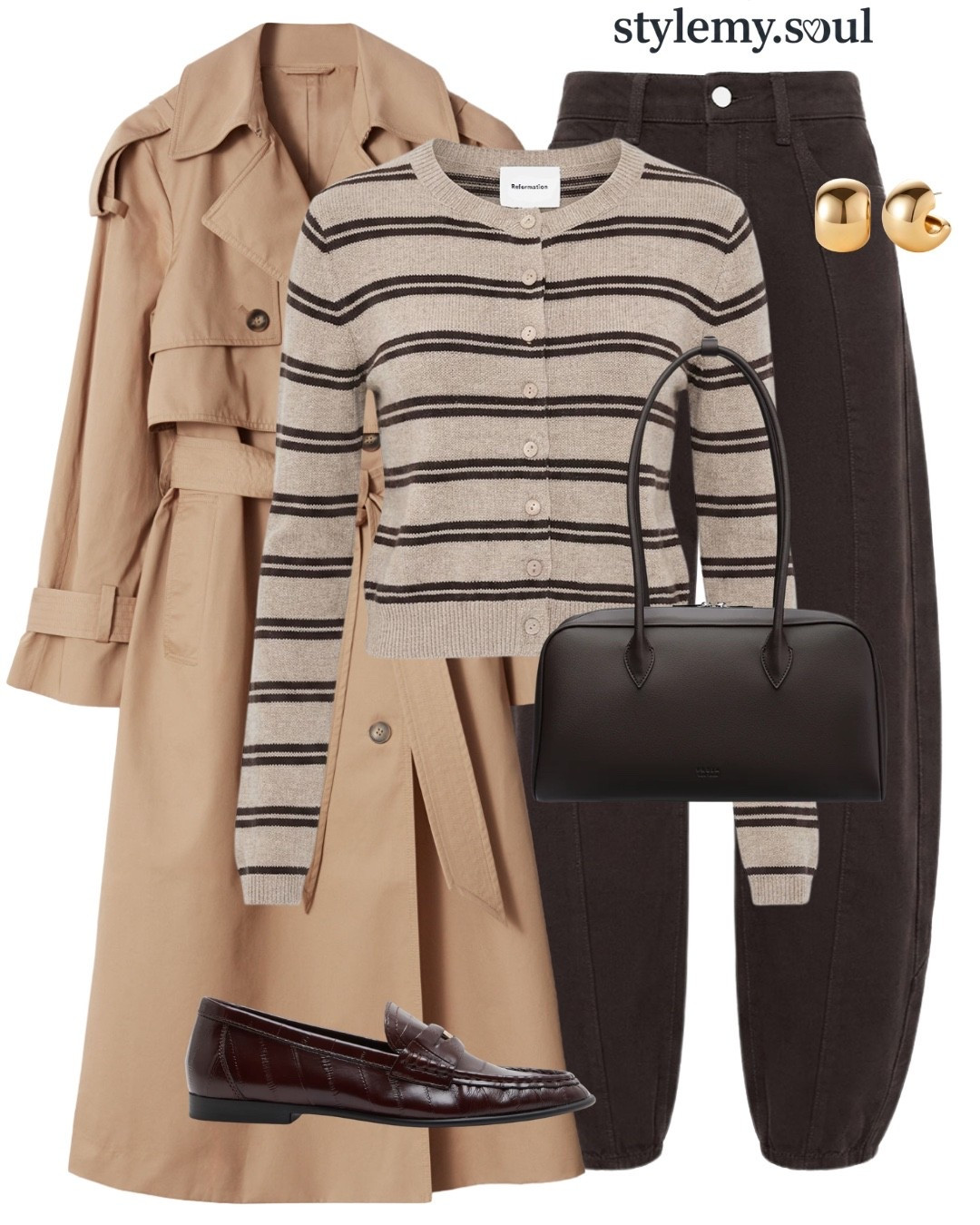 Trench coat, stripped shirt, brown jeans, loafers, chocolate bag, gold earrings

#LTKFashionMonth #LTKautumn #LTKworkwear