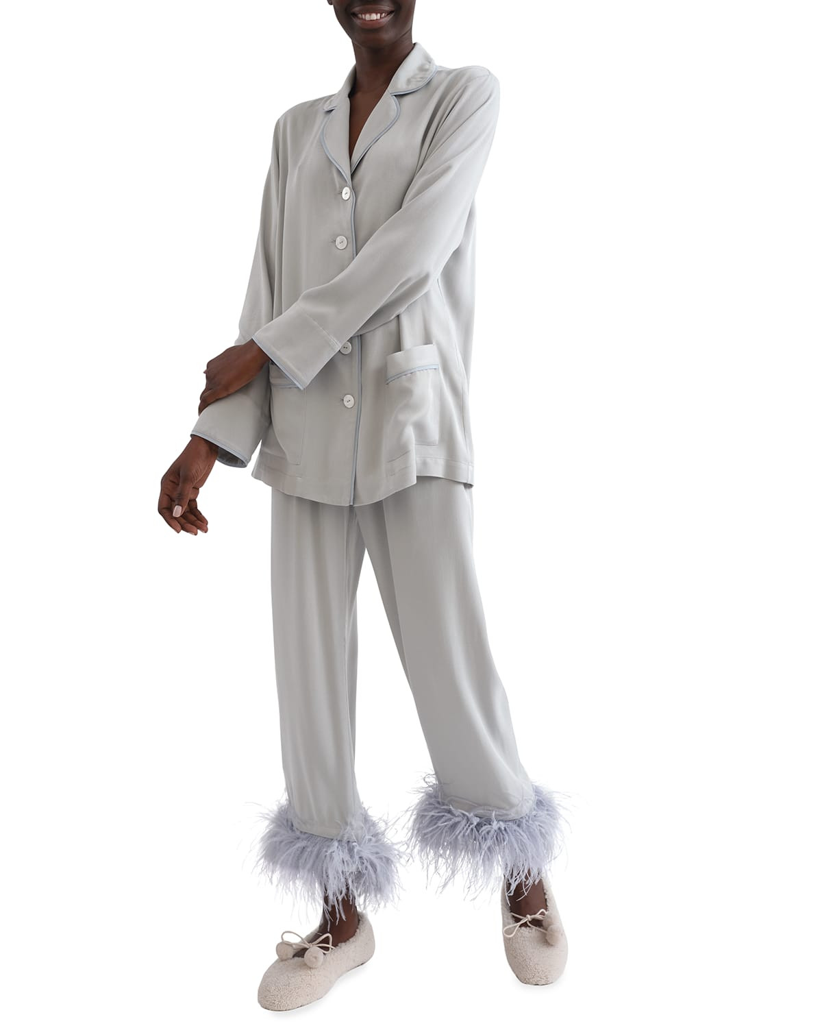 Party Feather-Cuff Pajama Set | Neiman Marcus