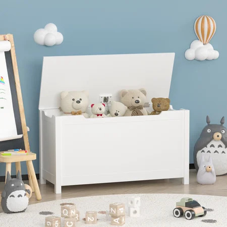 PORKISS Toy Box for Boys Girls, Wooden Kids Toy Chest with Storage Bench and Safety Hinged Lid, Modern Toy Storage Organizer for Living Room, Bedroom, Toddler Room, White | Walmart (US)